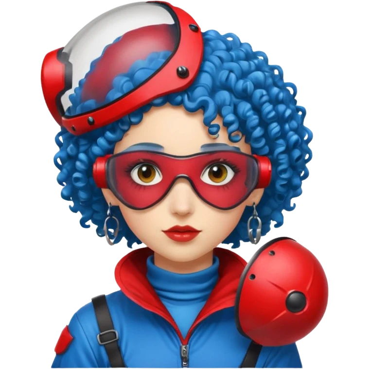blue curly haired girl with huge earrings wearing red paintball helmet with eye protection, only face  emoji