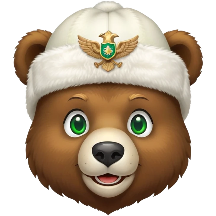 Smiling brown bear face with vivid green eyes, wearing traditional white ushanka hat featuring double-headed eagle emblem, Russian style emoji