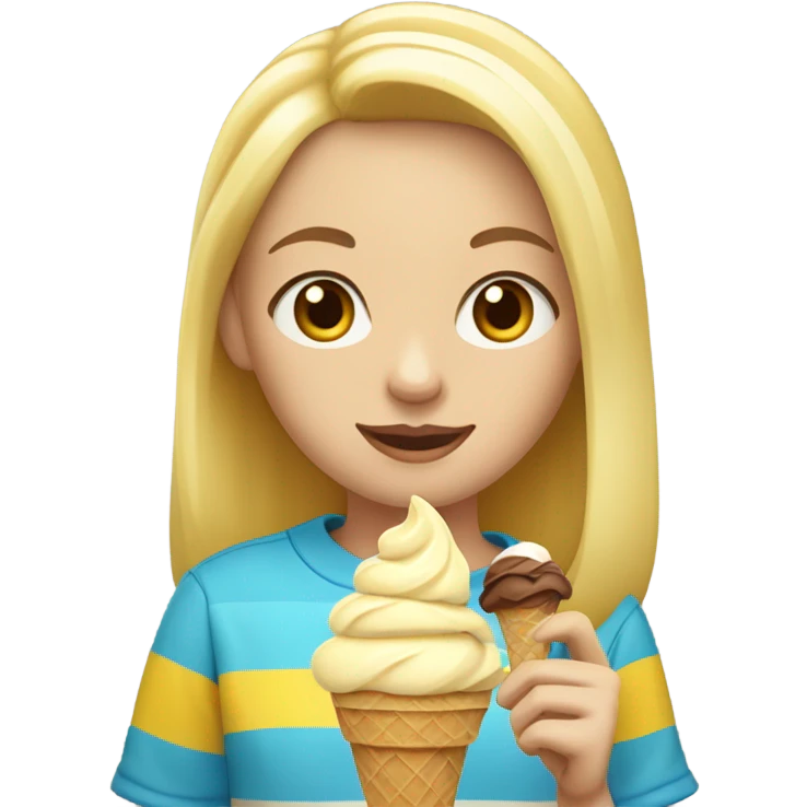 Girl with blonde hair, blue eyes, yellow striped shirt, holding vanilla ice cream cone emoji
