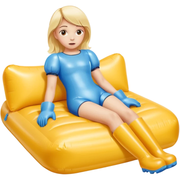 chica rubia con cara de miedo con unas botas de presoterapia gigantes inflables tirada en una cama amarilla emoji