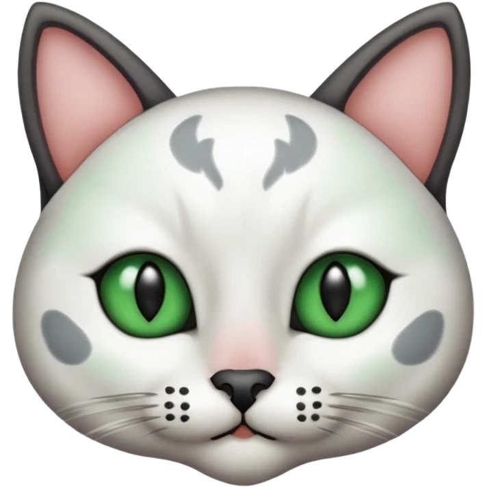 Haz una gata de ojos verdes la cara blanca con mancha negra en las orejas que agarra parte de la frente del lado der pero del iz va desde el ojo hasta la oreja la mancha, tiene la nariz negra en forma de corazón y todo lo que sobra de la cara, barbilla la nariz arriba y el lado de bigotes es blanca emoji