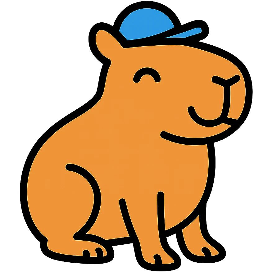 A cute capybara wearing a small hat or cap, looking happy emoji