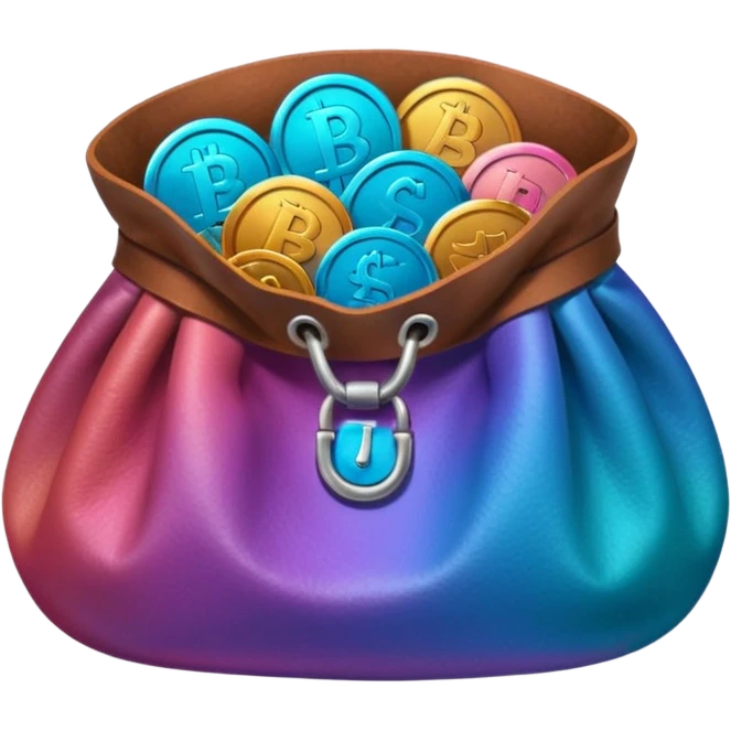 Coins inside brown leather bag, make bag always brown

Change coins color in in gradient of turquoise, blue, pink, purple, and coral emoji