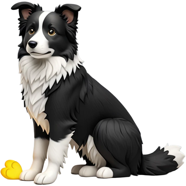cinematic-[border collie dog]-realistic-full-body-sitting-emoji,-tail-resting-loosely-beside-its-paws,-head-tilted-dramatically,-scruffy-[black and white]-fur,-simplified-yet-realistic-focused-features,-highly-detailed,-glowing-with-an-almost-sarcastic-glow emoji