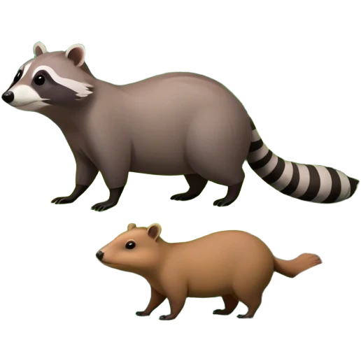 Collage of a raccoon and capybara in a lush, vibrant forest. The raccoon curiously looks around, while the capybara rests peacefully near a stream. The forest is full of green trees, leaves, and soft sunlight. A serene and natural background. emoji