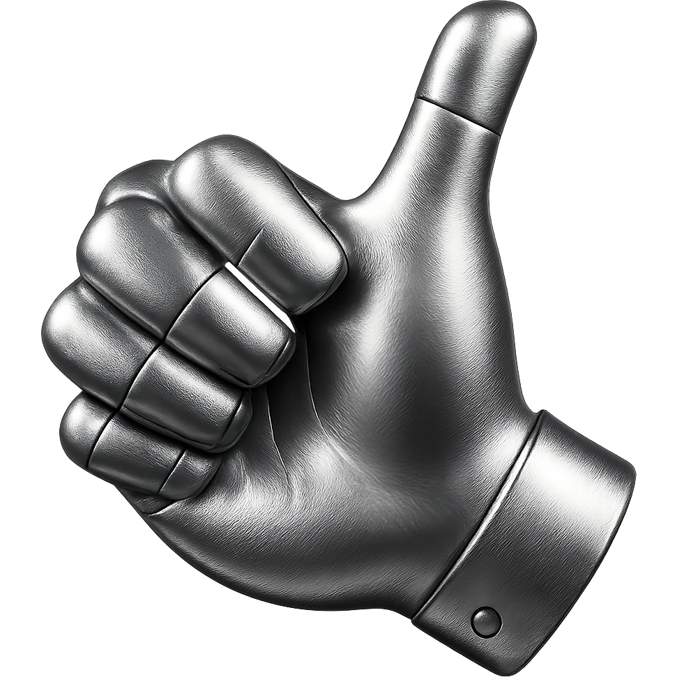 Create a red metallic thumbs down hand with a clear 'dislike' gesture, matching the style and color of the provided chrome style reference image. Remove the background for a clean isolated subject. emoji