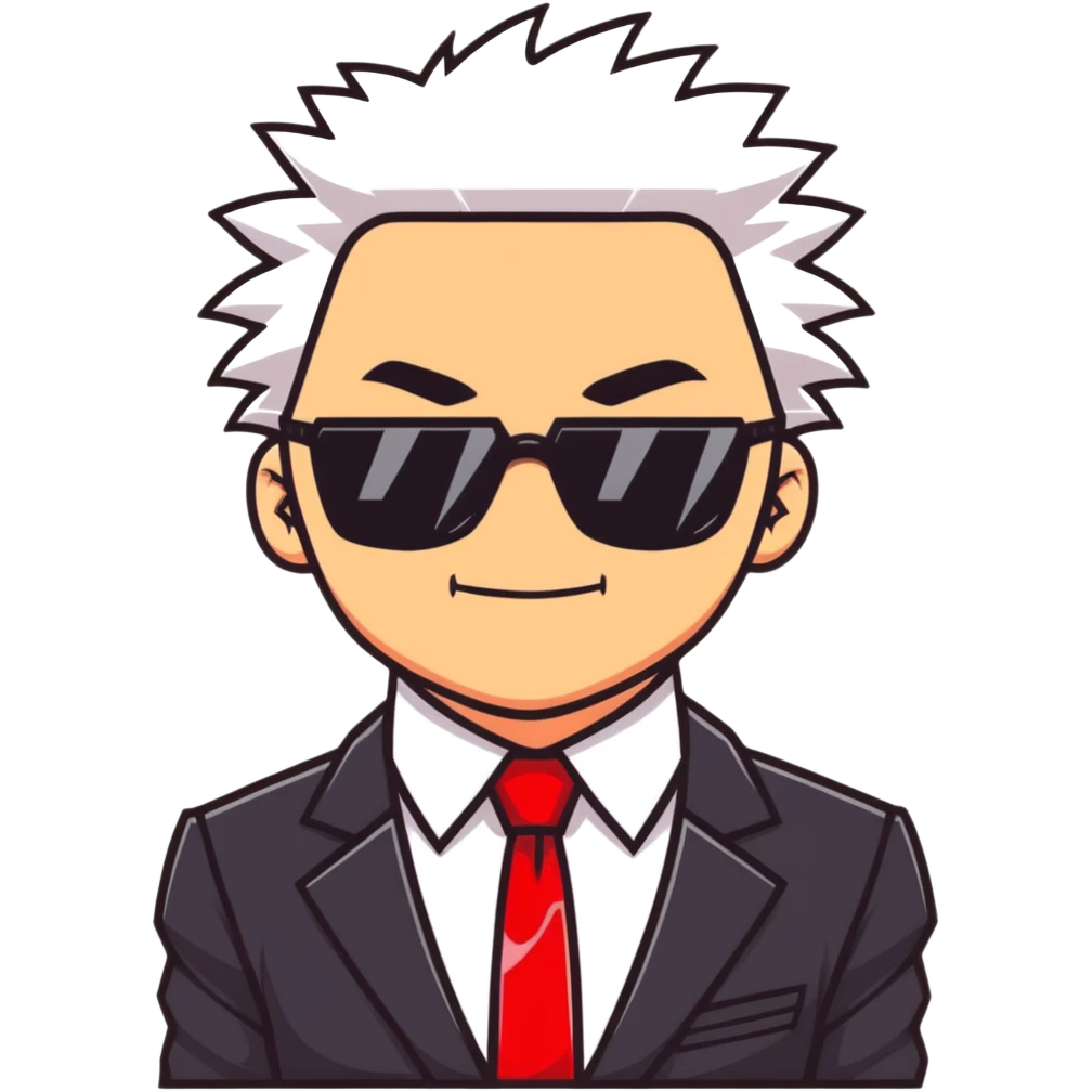Satoru Gojo character with white spiky hair, black suit, red tie, sunglasses, and confident smirk emoji