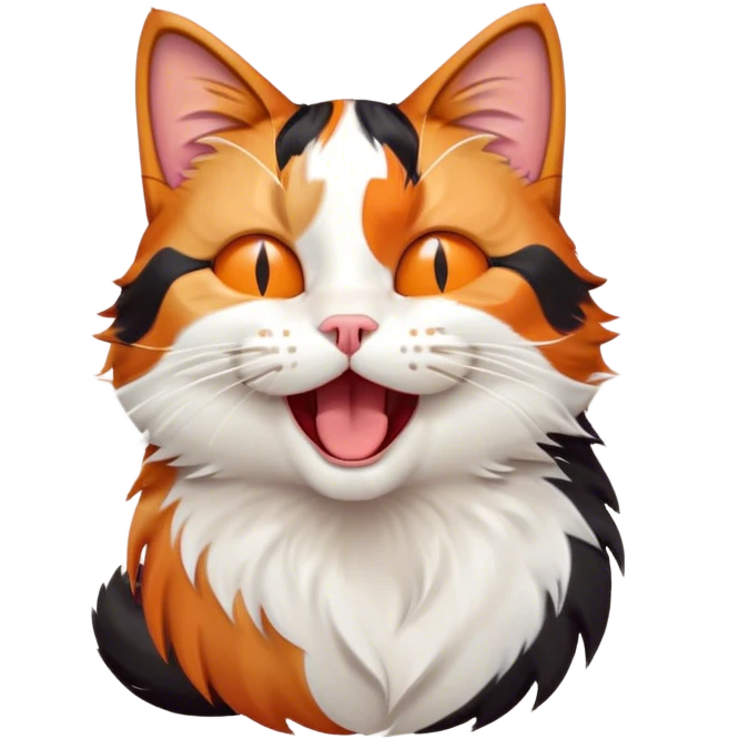 Cinematic Cute Yawning Calico Cat Portrait Emoji, Head tilted mid-yawn with a charming, relaxed expression, showcasing a soft patchwork fur of vibrant orange, black, and white, simplified yet irresistibly adorable, highly detailed, glowing with a cozy, gentle radiance, high shine, exuding sleepy yet endearing charm, styled with a soft glowing outline, capturing the essence of a calico cat caught in a delightful yawn that seems ready to cuddle up for a nap! emoji