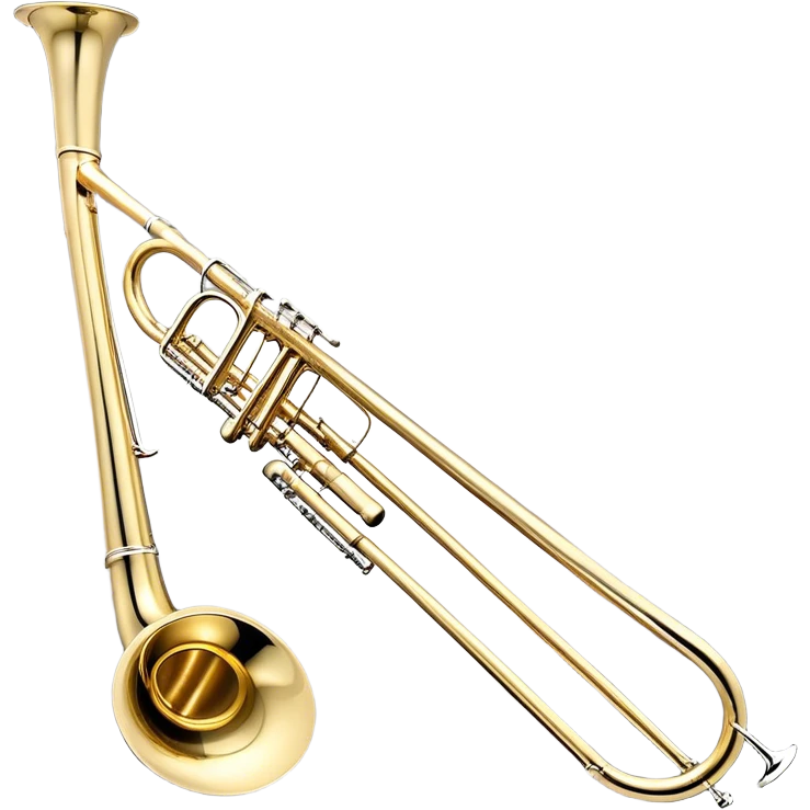 Create a sleek and professional emoji representing the Brahner TB-420 Bb/F tenor trombone. The design should feature the smooth, shiny brass body of the trombone with its distinct curved tubing and large bell. Highlight the tuning slide and the mouthpiece at the top of the instrument. The brass finish should be polished and reflective, with silver accents on the mouthpiece and tuning slide. Add subtle musical notes or soundwaves floating around the trombone to evoke its bold, brassy sound. Use golden and brass tones for the trombone with light reflections to emphasize its high-quality craftsmanship. The background should be transparent. emoji