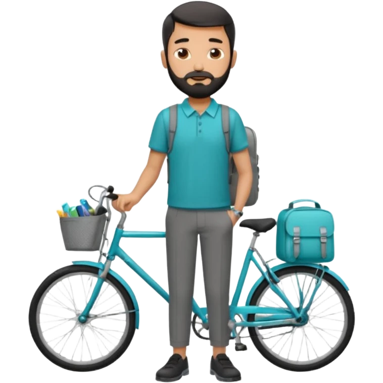 a man with a grey backpack and a torquoise byciycl and he has black shot=rt man hair and a beard with a polo grey shirt and dress pants emoji