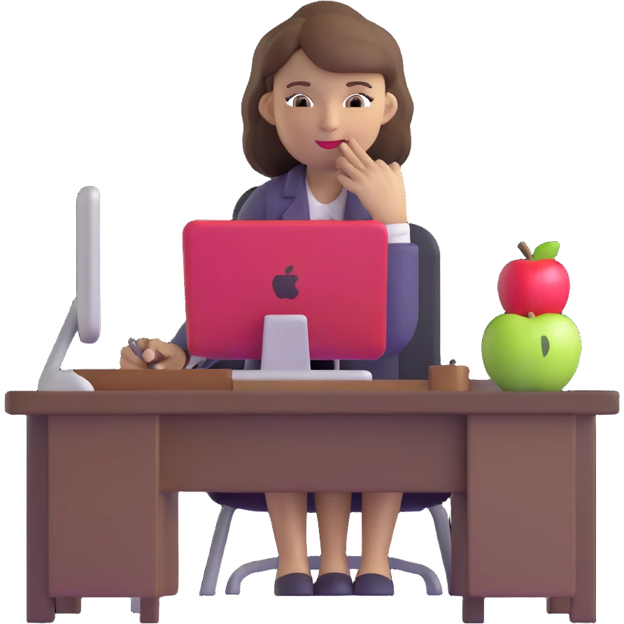 woman English teacher with brown hair, at a desk with an apple emoji