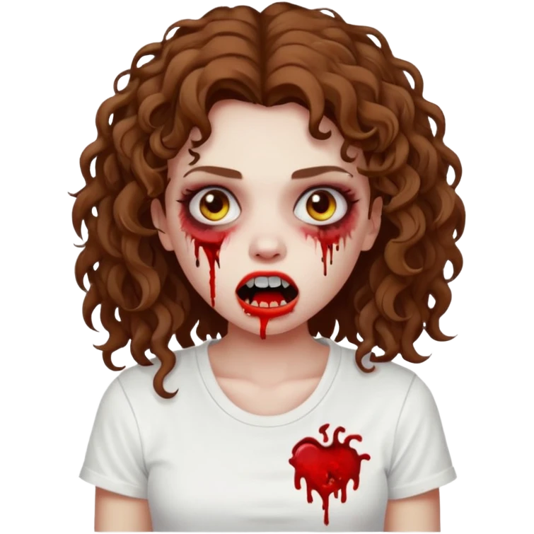Zombie girl with curly brown hair como emoji de iphone y con la boca un poco lastimada haz que tenga una simple remera blanca puesta pero que sea zombie  emoji