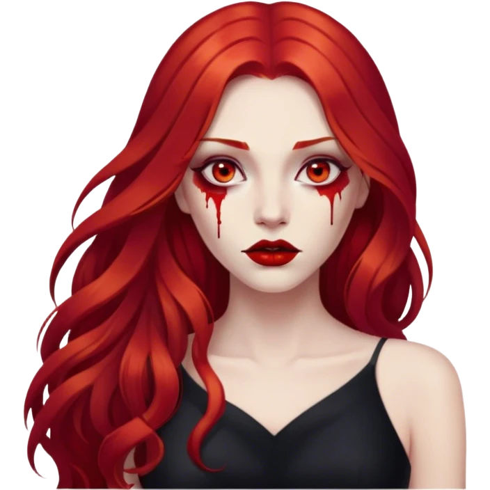 a woman with long red hair and red eyes. The woman wear a black dress. She have red lipstick. blood on face emoji