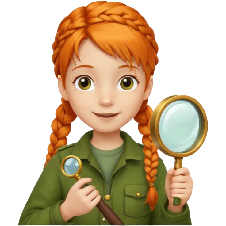 braid orange haired girl kid in moss green explorer outfit, holding magnifying glass, smile emoji