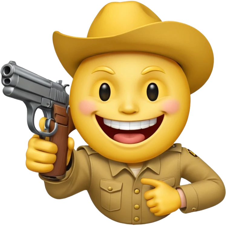 Yellow laughing face pointing gun at its own mount. The barrel of the gun is pointed towards the smile into the mouth emoji
