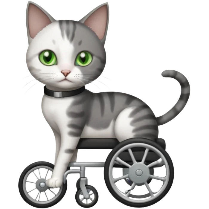 full body small short hair dark grey and white cat with green eyes walking in a wheelchair for cats emoji