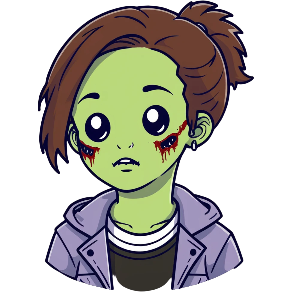 zombie teen girl with brown hair, grunge style, and septum piercing emoji