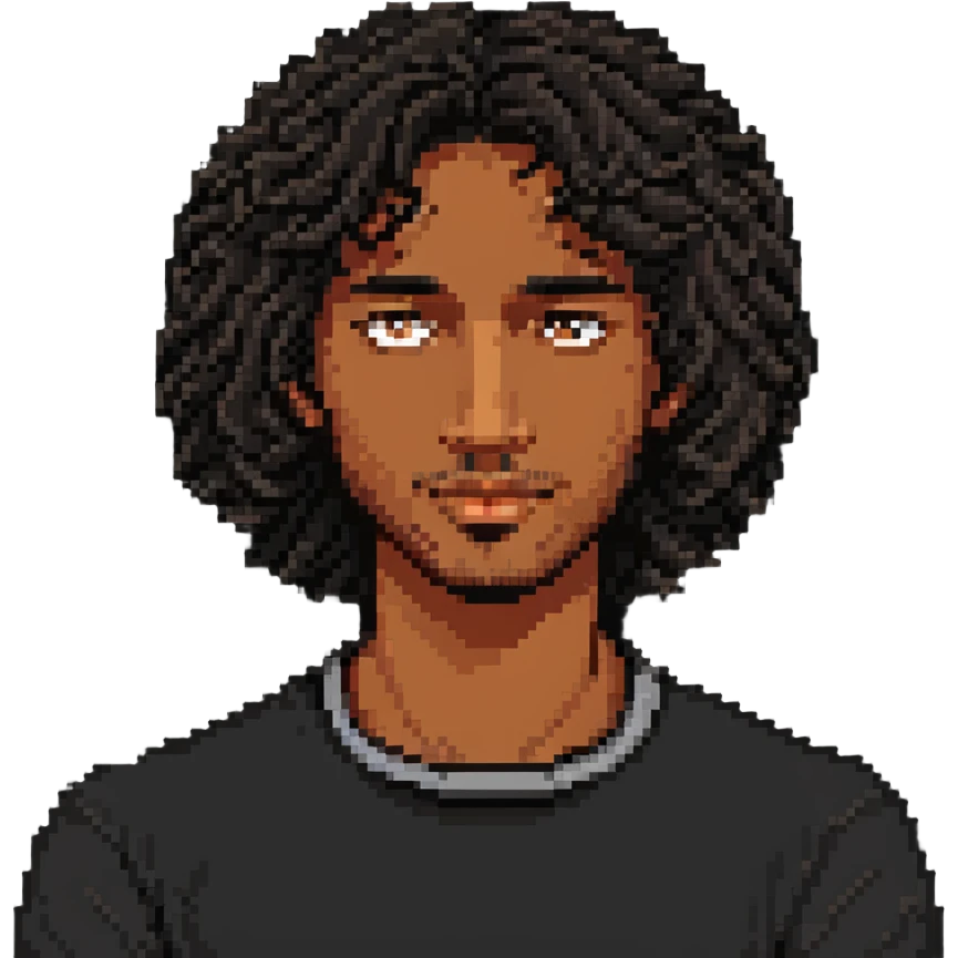 brown-skinned man with black curly mid-length hair, relaxed face, eyes slightly open, pixel art style emoji