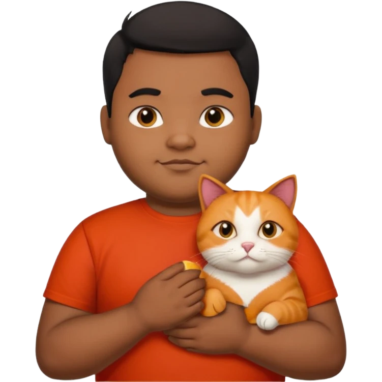 Indian black chubby guy with black middle parted hair in red t-shit with orange cat, age-24 emoji