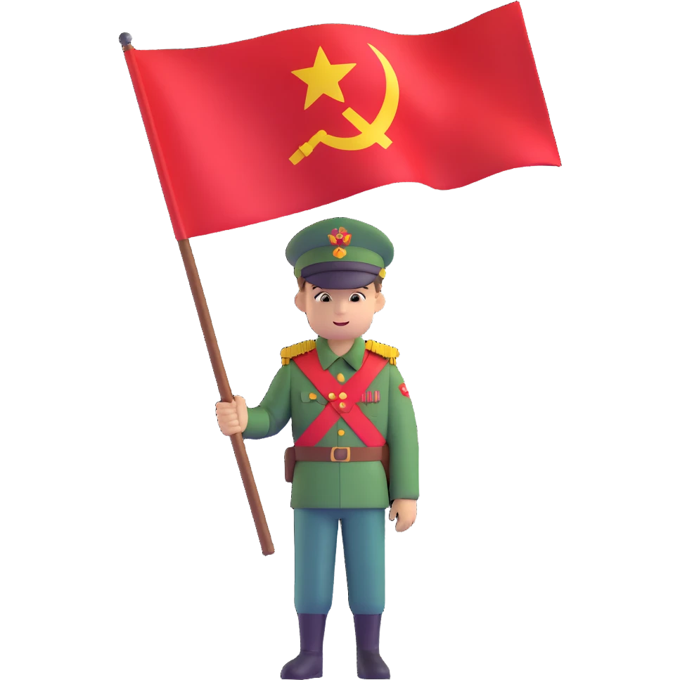 military boy in Soviet green uniform holding a red flag with "9 мая" emoji