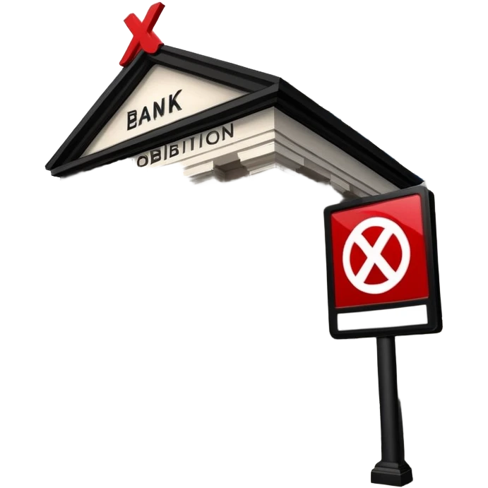 bank building with a large red X over it, prohibition sign emoji