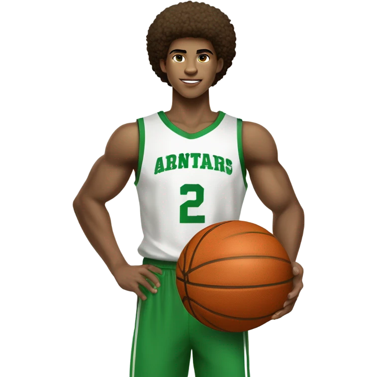 Afro light-skinned muscular  skinned male teenager in a green basketball uniform holding a basketball.  emoji