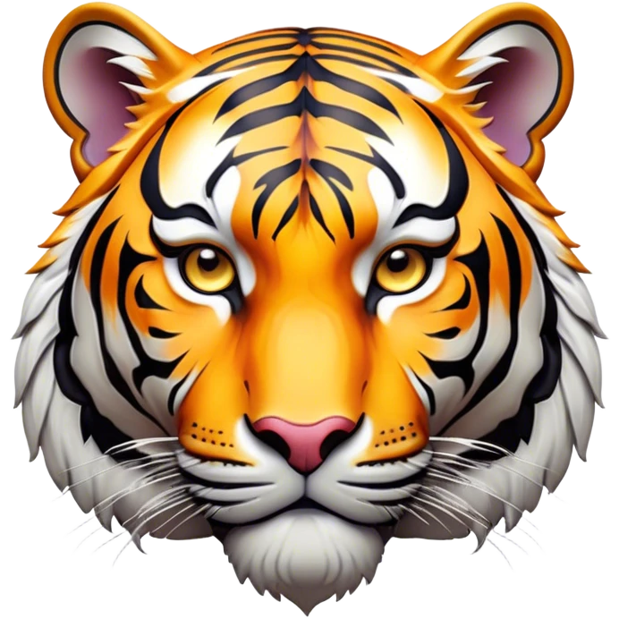Cinematic Noble Tiger Portrait Emoji, Poised and regal, with a powerful, muscular build draped in striking, vivid stripes and intense, focused eyes, Simplified yet sharp and sophisticated features, highly detailed, glowing with a soft, wild luminescence, high shine, intelligent and majestic, stylized with an air of untamed authority, focused and commanding, soft glowing outline, capturing the essence of a watchful and confident jungle guardian that appears ready to pounce out of the screen with effortless authority! emoji