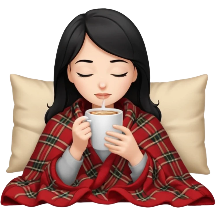 White girl brunette with black hair inside a blanket sipping coffee eyes closedemoji emoji