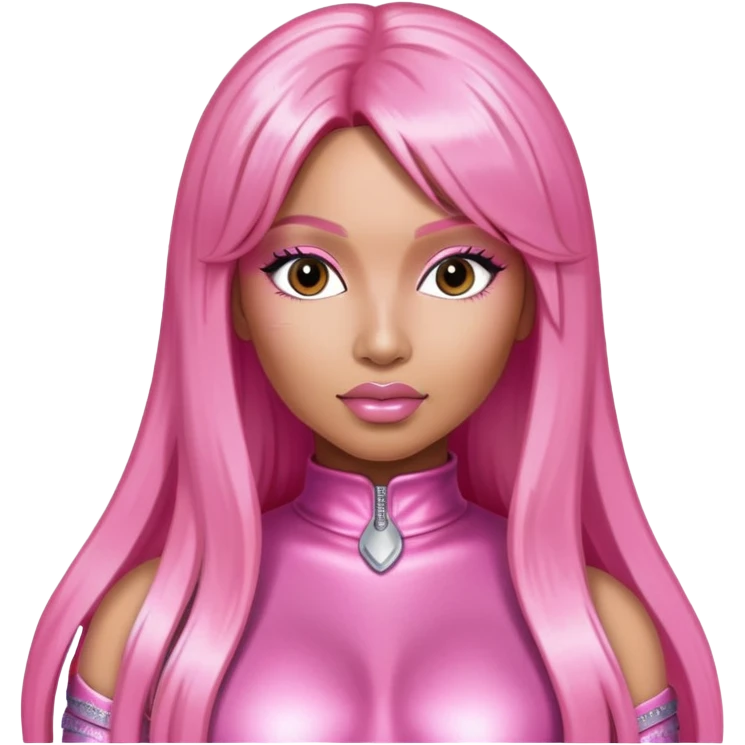 Nicki Minaj with pink long hair and metallic pink outfit emoji