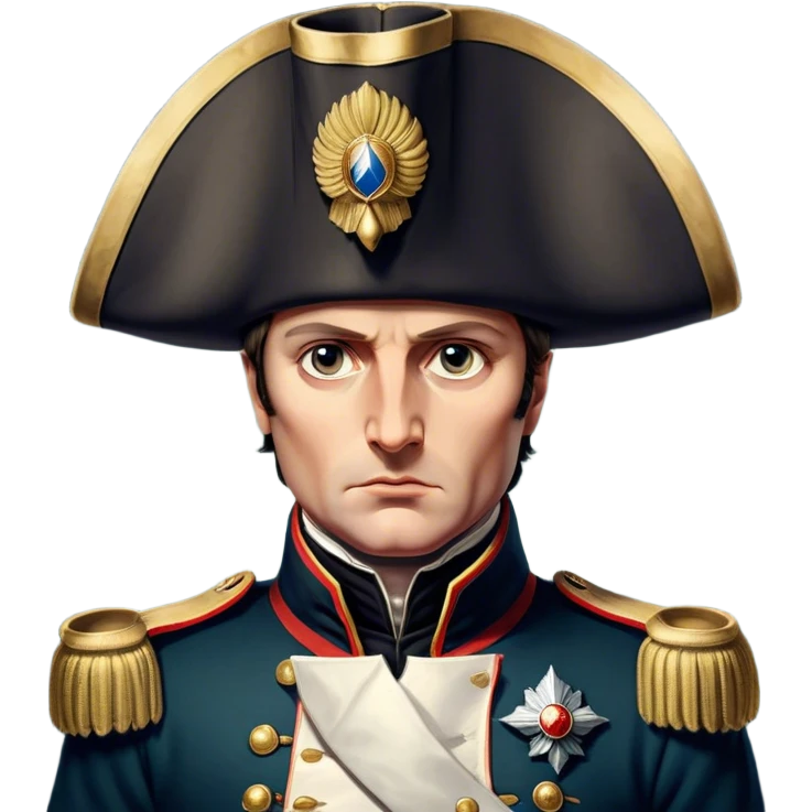 Cinematic Realistic Napoleon Bonaparte Portrait Emoji, depicted as a commanding military leader with a determined gaze and iconic bicorne hat, rendered with dramatic textures and bold historical lighting that captures his imperial legacy. emoji