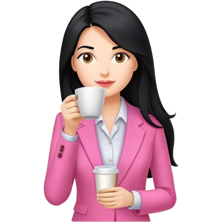 business dressing pink clothes woman  caucasian with a long black hair drinking coffee emoji