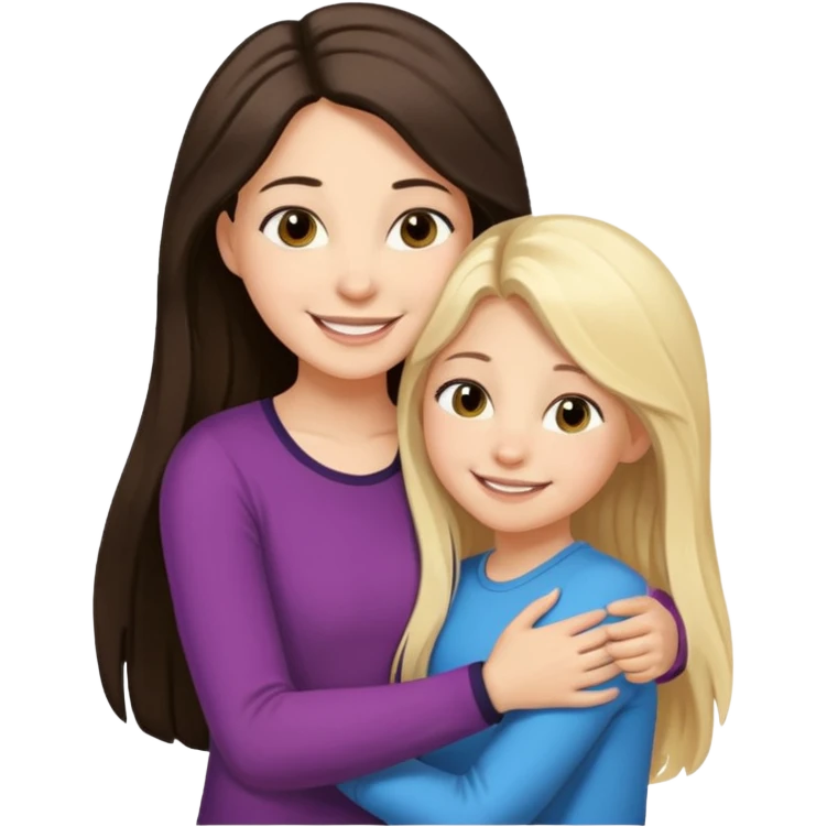 A beautiful mother with long dark brown hair hugging her cute 12yr old blonde hair daughter super happy emoji