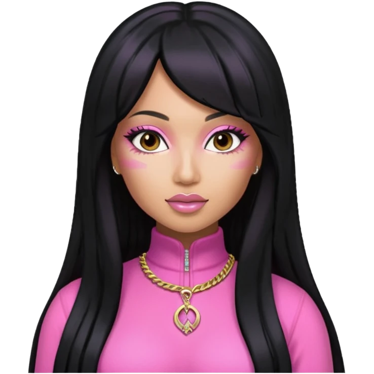 Nicki Minaj long black hair with pink highlights, pink outfit emoji