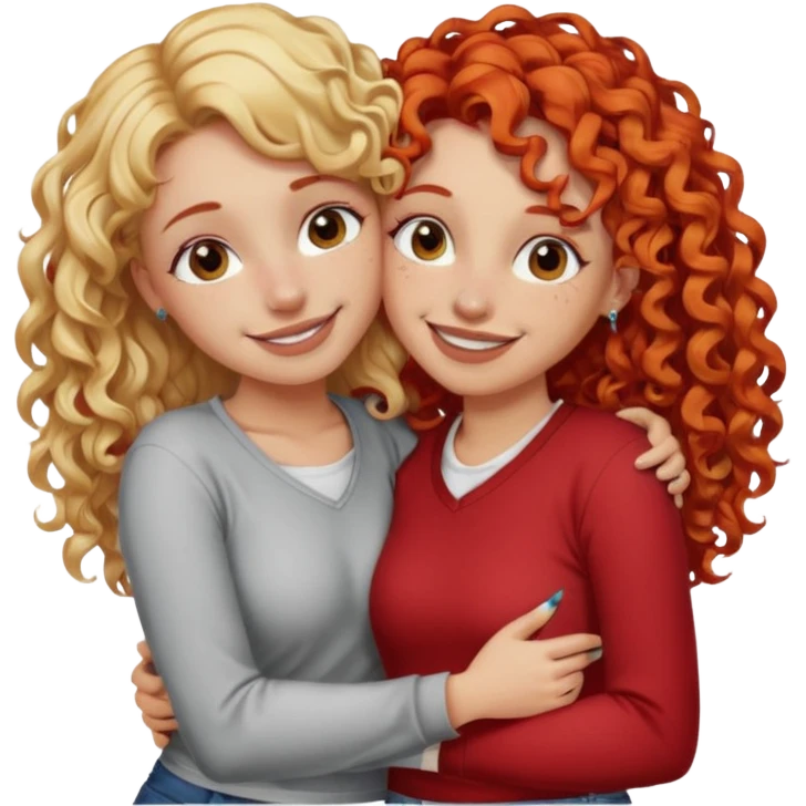 A woman with pencil straight, blonde hair and a nose piercing and a woman with curly red hair and a nose piercing are hugging and smiling together. emoji