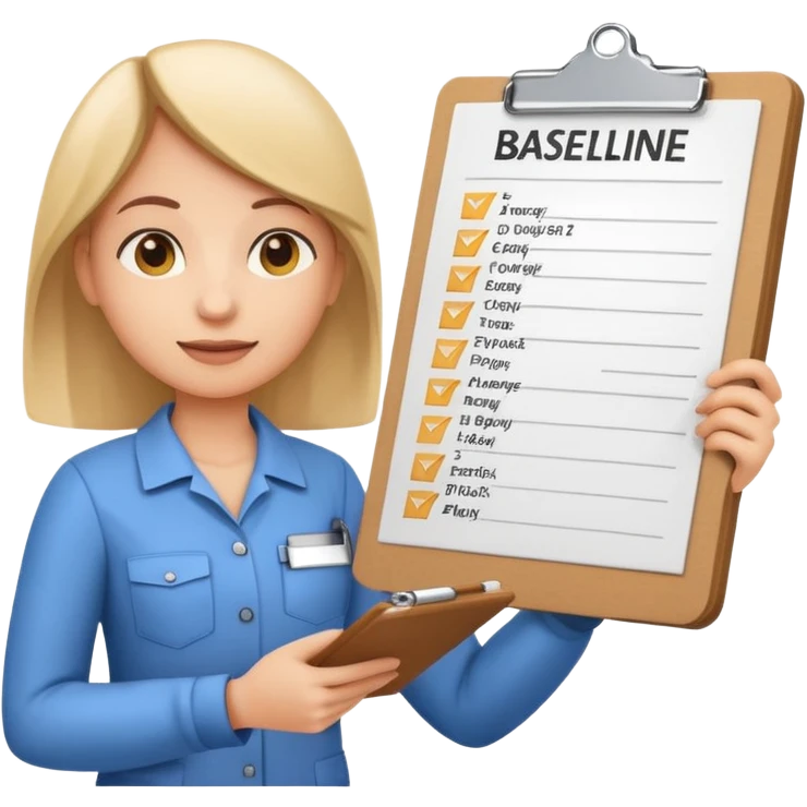 Emoji-style character holding clipboard with checklist: “1. Know baseline 2. Track 30 days 3. Play offense”, background with upward financial graph emoji
