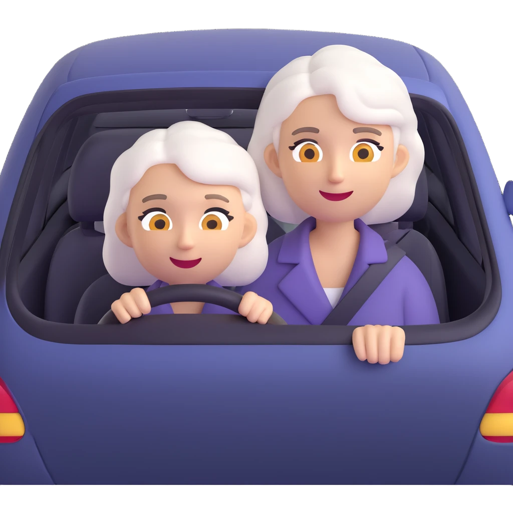 Ensure only the mother with white hair is in the car, no other person visible, keep 3D emoji style, 10% more realistic, no background. emoji