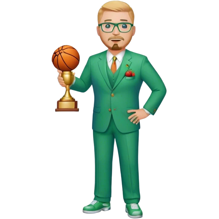 Full Body white fat male  wearing glasses with a goatee with strawberry blond very short hair basketball head Coach in blue and green suit holding trophy emoji