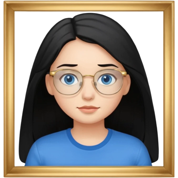 a black haired girl with blue eyes and glasses with blue shirt and long hair and gold glasses kid emoji