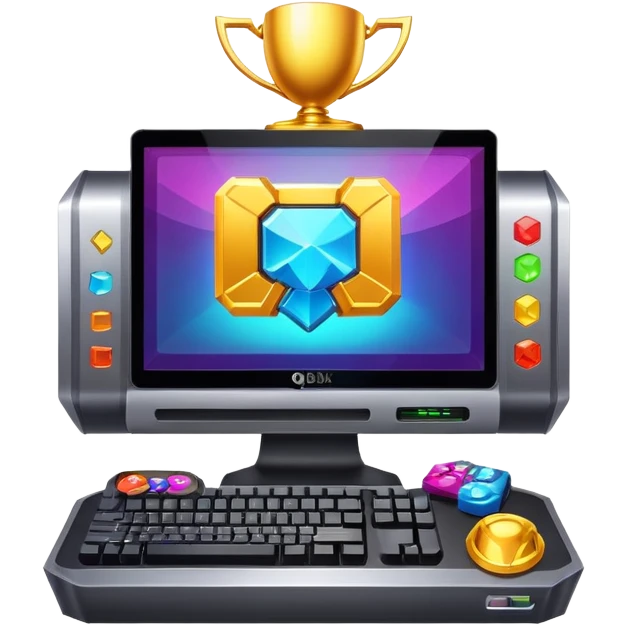 Gaming computer with qbix88 logo, popular online gaming platform with trophy and expert player badge emoji