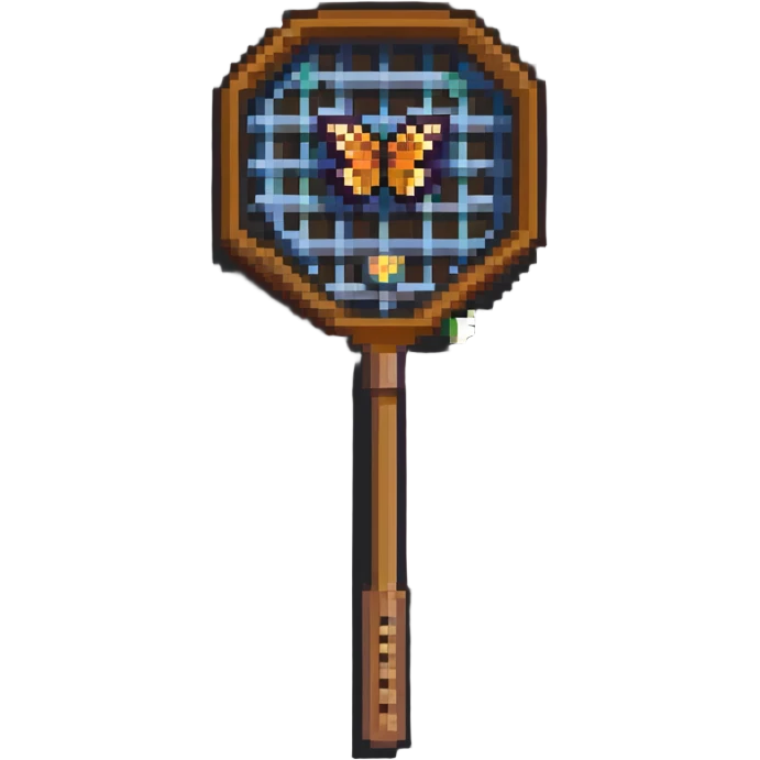 A colorful butterfly net with a wooden handle, badge style emoji