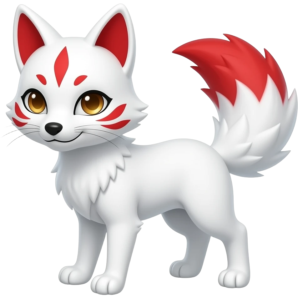 A white one-tailed Kitsune (Fox Form,) with red accents on his face, (two on each cheek and a single one on his forehead,) red on the inside of his ears, and pale golden eyes. Pure white paws,and a red tail tip. emoji