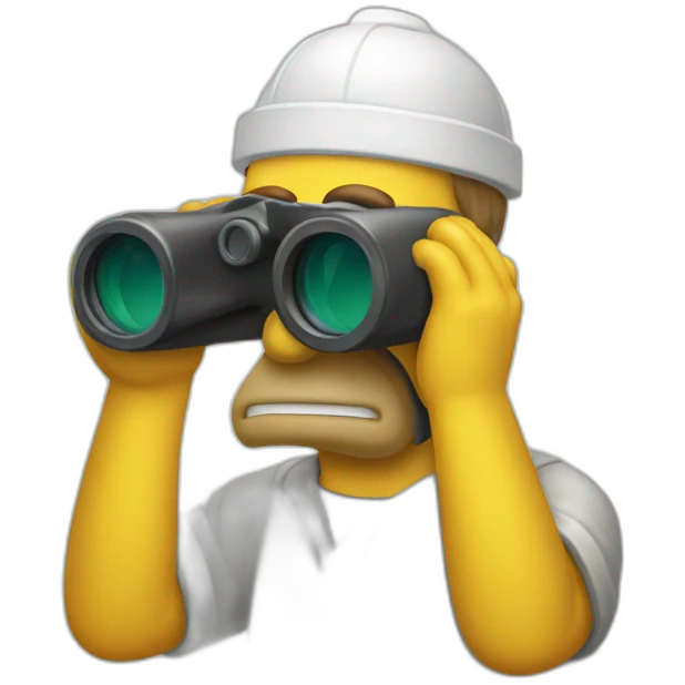 homer's head troubleshooting with binoculars emoji