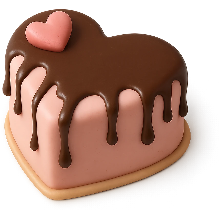 heart-shaped fondant cake with chocolate drizzle, transparent background emoji