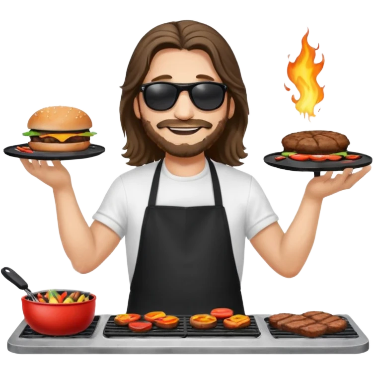 long hair man grilling wearing shade smiling in a white tshirt and a black apron grilling burger and meat on a sizzling grill emoji