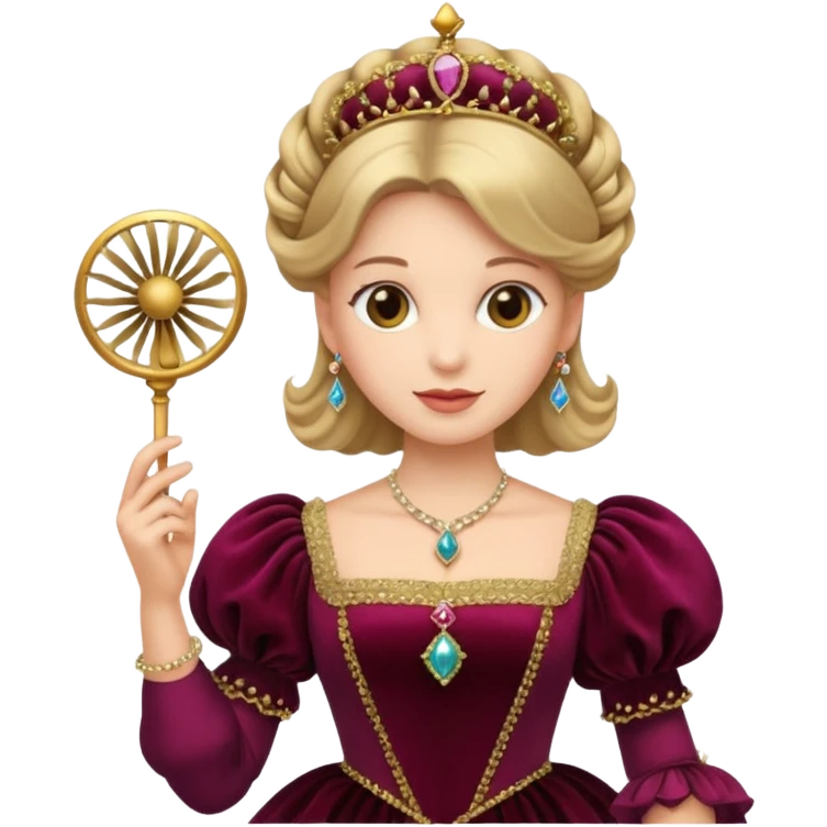An emoji portrait of a Renaissance Italian princess. She wears a sumptuous velvet gown with a square neckline and puffed sleeves. Her hair is styled with a jeweled ferronnière, and her expression is poised and intelligent. She is holding a small, delicate fan. emoji