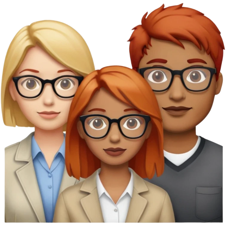 3 people one Indian male, one red haired female with glasses, one blonde haired female with glasses emoji