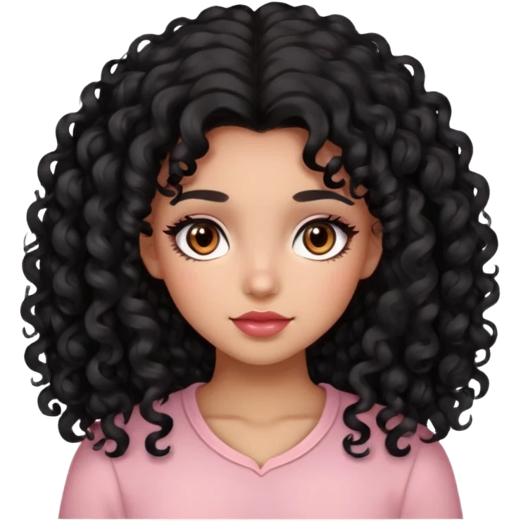girl, long black curly hair, beautiful brown eyes, light brown skin and LIGHT pink red blush emoji