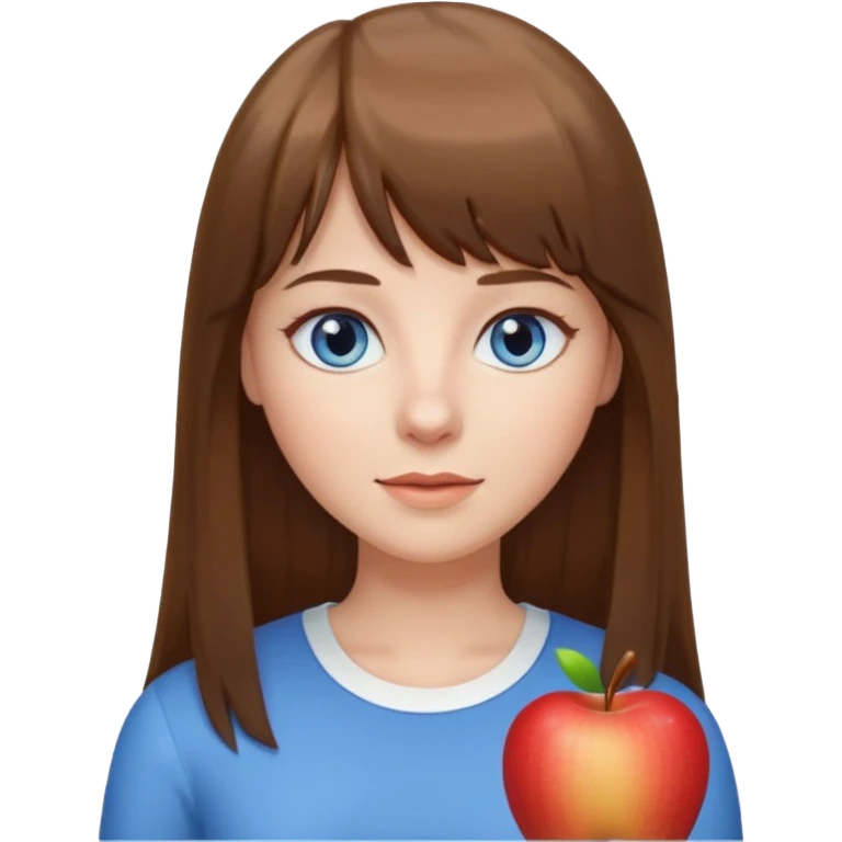 white woman with long straight brown hair and bangs, blue-grey eyes, wearing a white top, apple emoji style emoji