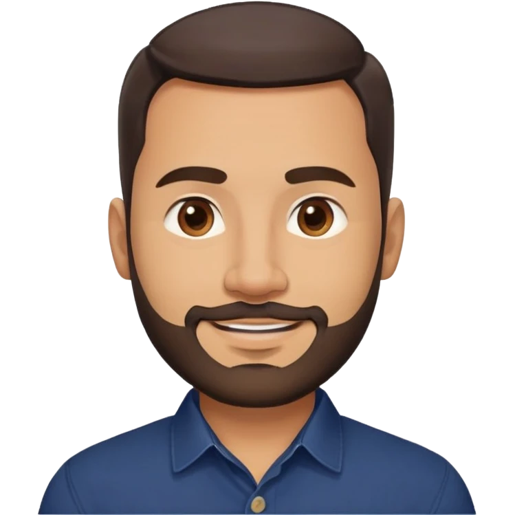 Robust warm-looking man in his early 40s with light brown skin, round face, full cheeks, medium brown eyes, thick eyebrows, wide nose, friendly smile, short neat full beard, very short dark hair, wearing a navy blue button-up shirt emoji