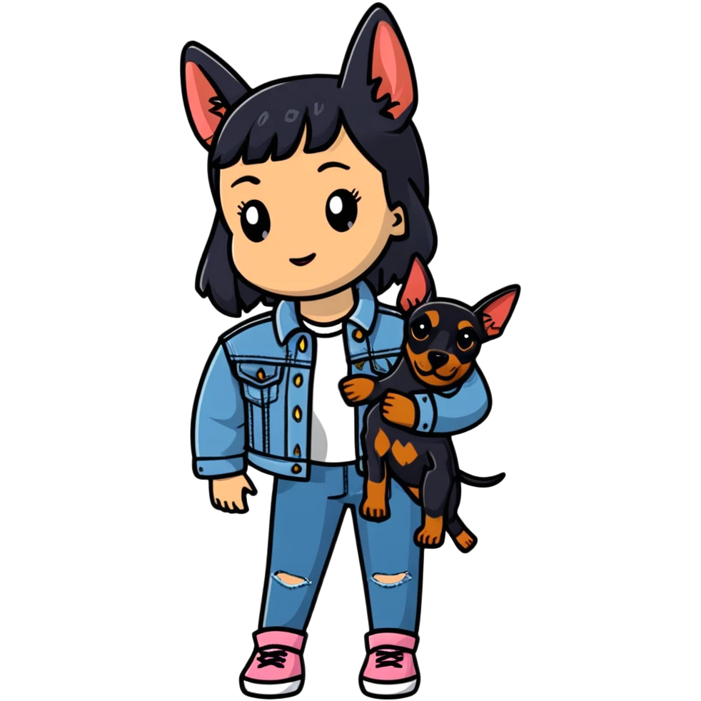 girl wearing denim jacket holding a Doberman emoji